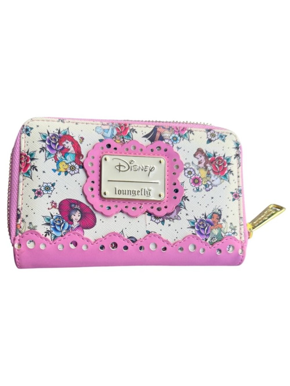 Disney Loungefly Princess Floral Zip-Around Wallet Pink Trim 6"x4" Card Slots